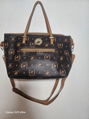 Beverly Hills Polo Club Black Brown Pebbled Large Shoulder Bag Logo Zipper Gold…